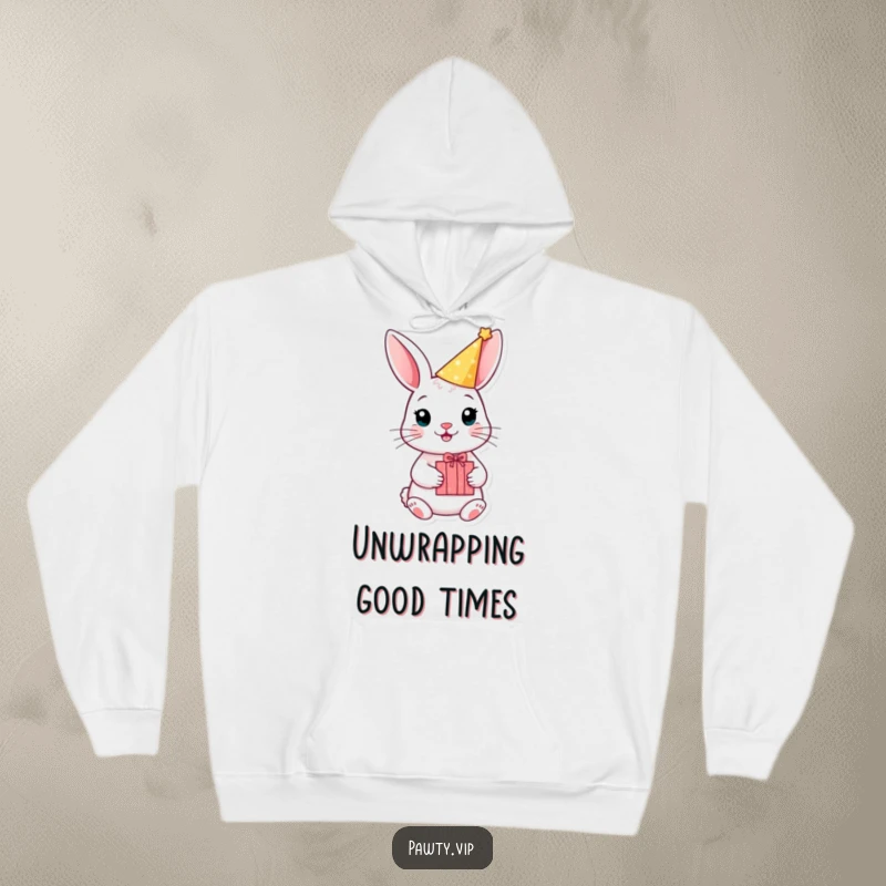 Funny rabbit in a party hat holding a gift box on a hoodie, offering cozy and humorous birthday warmth.