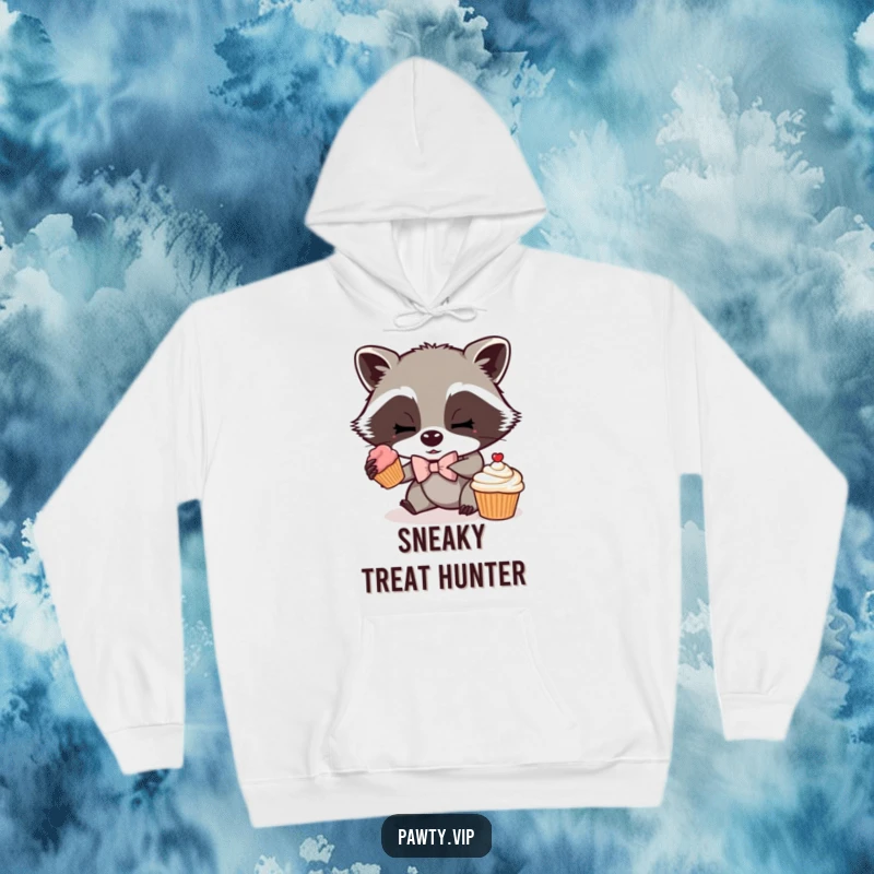 Funny hoodie with a mischievous raccoon sporting a bow tie, caught in the act of pilfering a cupcake, offering warmth and humor.