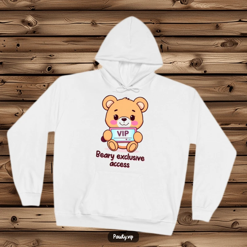 Funny Hoodie showcasing a cheerful teddy bear character proudly holding a glowing VIP pass, symbolizing special access.