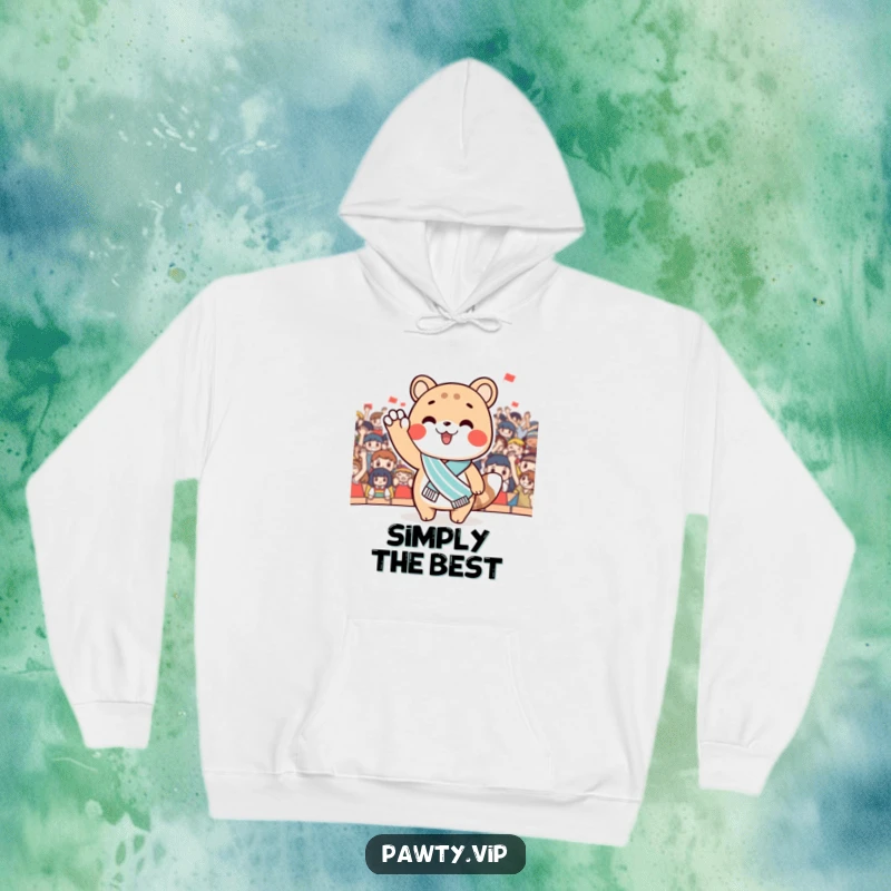 Funny Hoodie featuring a triumphant animal character with a miniature sash, waving to a cheering audience. Warm apparel for celebrating success.