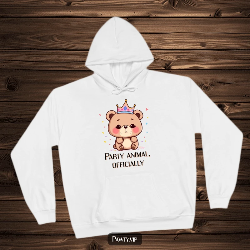 Funny bear queen hoodie with a sparkly crown showering confetti, perfect for cozy and humorous royal celebrations.