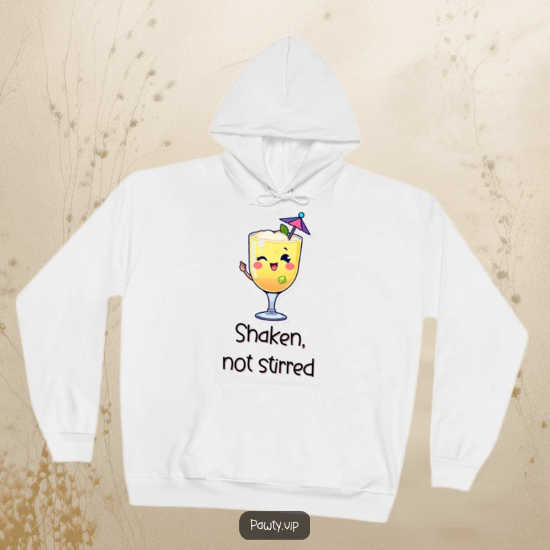 Funny happy cocktail drink character hoodie winking with a tiny umbrella, offering cozy festive vibes.