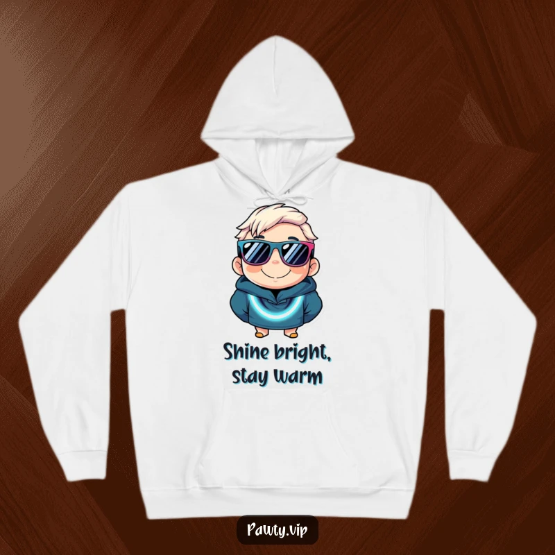 Funny hoodie showcasing a character in oversized sunglasses and a flashy neon necklace, radiating cool and humorous vibes.
