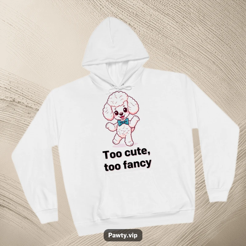 Funny cute poodle wearing a fancy bow tie, dancing energetically, on a hoodie, providing warmth and a touch of fashionable canine fun.
