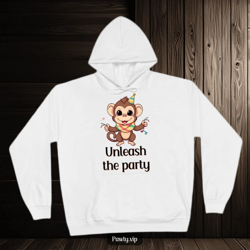 Funny monkey wearing a party streamer scarf, depicted on a cozy hoodie, ideal for a funny gift.