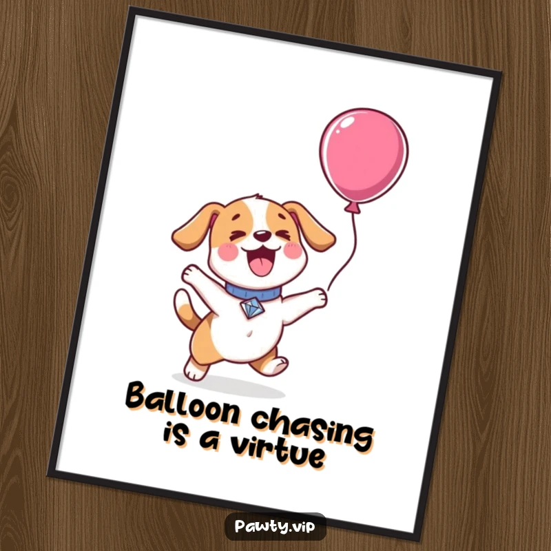 Funny Free Printable Wall Art of a happy kawaii dog with a diamond collar, enthusiastically jumping to catch a floating balloon.