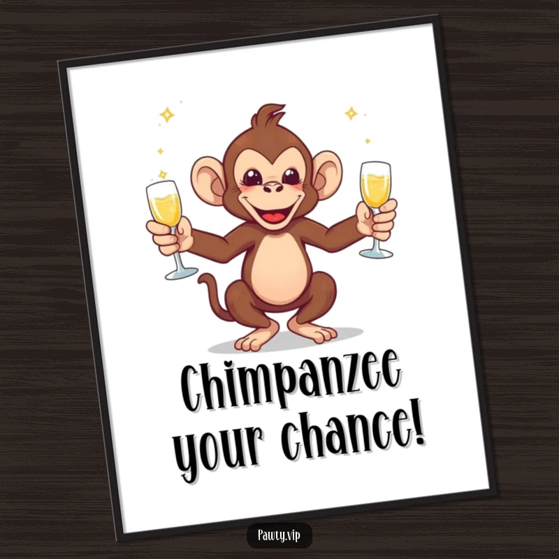 Funny Free Printable Wall Art: an energetic monkey hilariously tries to juggle multiple champagne glasses, creating a whimsical scene.