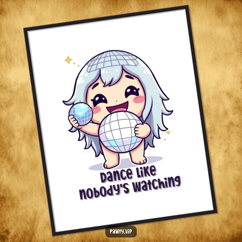 Funny Free Printable Wall Art of a cheerful character holding a glittering disco ball with a wide, infectious grin.