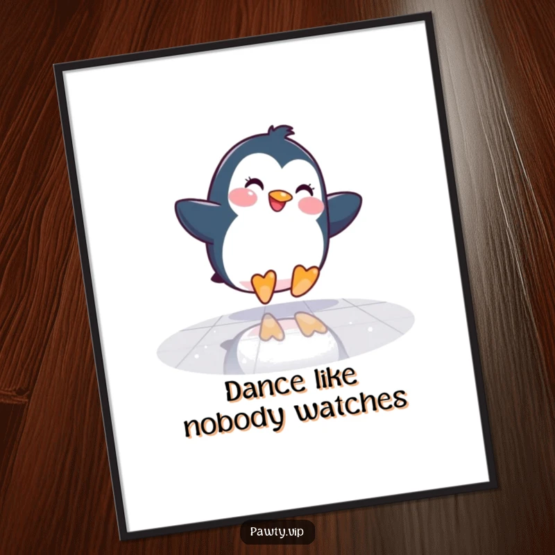 Funny Free Printable Wall Art: A cheerful penguin slides across a mirrored dance floor, radiating pure joy and disco energy.