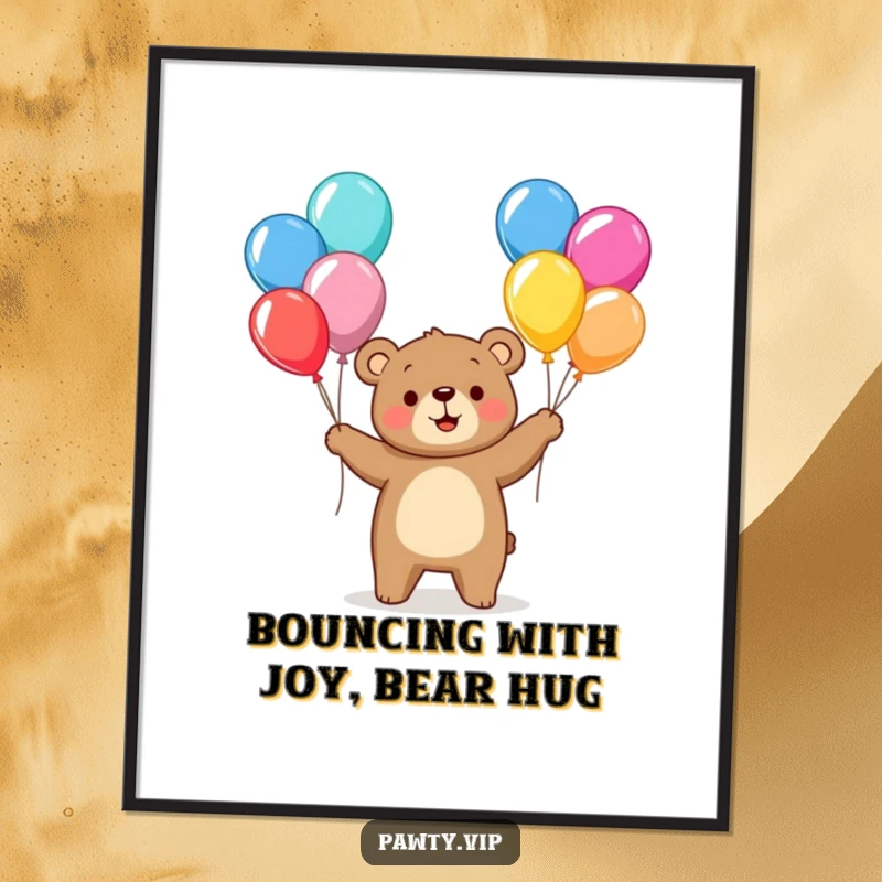 Funny Free Printable Bear Wall Art: Cheerful bear character juggling colorful balloons. Whimsical and fun downloadable decor.