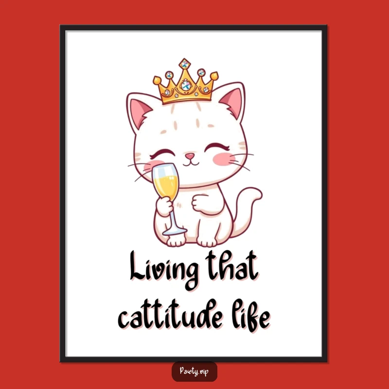 Free Printable Kawaii Cat Wall Art: Funny Crowned Drinker Downloadable Decor