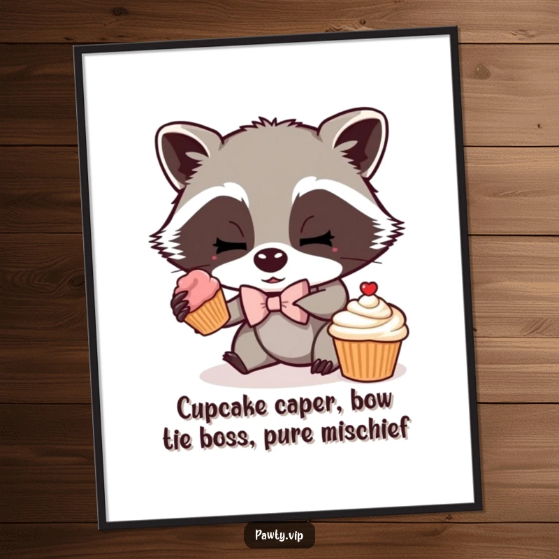 Funny Free Printable Wall Art: A mischievous raccoon in a bow tie, sneakily holding a cupcake.