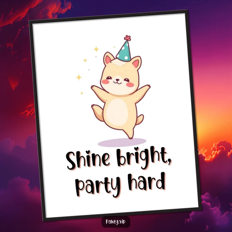 Funny free printable wall art of a jubilant dancing animal in a party hat, with dynamic sparkles flying all around.