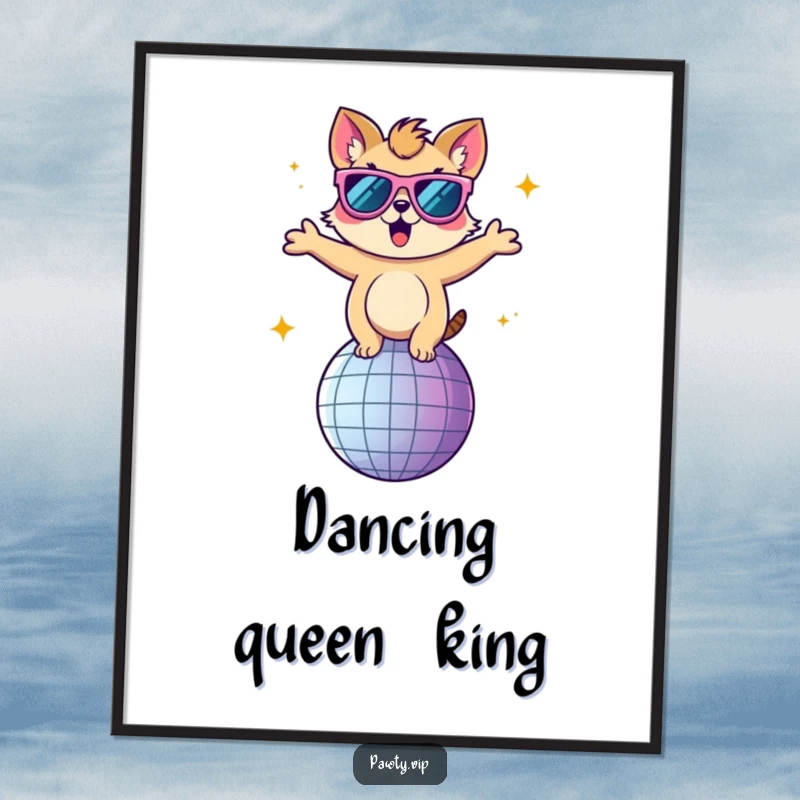 Funny Free Printable Wall Art: Animal wearing oversized sunglasses dancing energetically on a sparkling disco ball, radiating cool vibes.