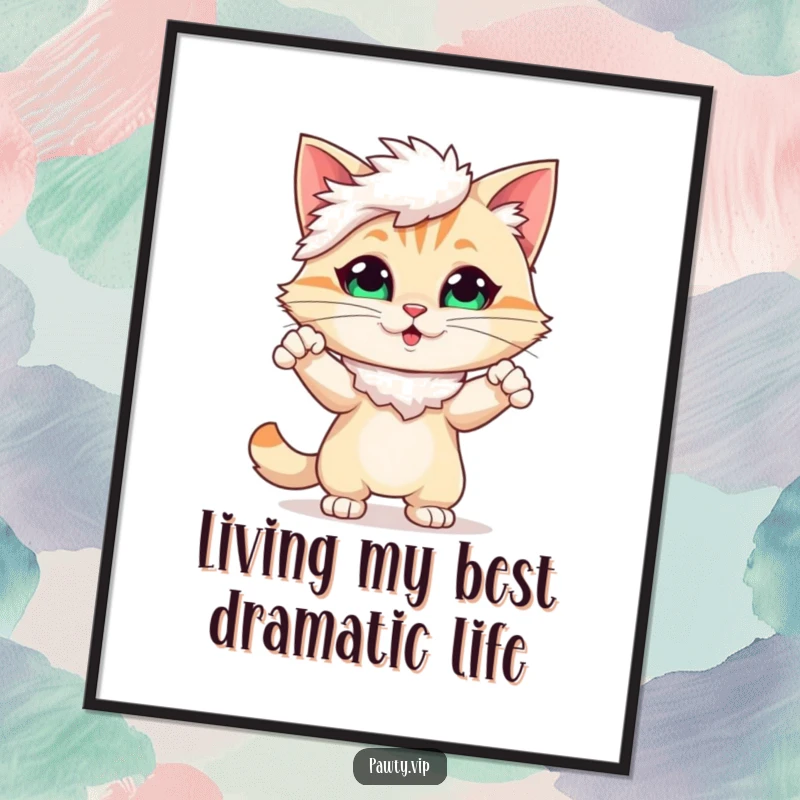 Funny Free Printable Wall Art: A glamorous cat wearing a feather boa, frozen in a dramatic, attention-grabbing pose.