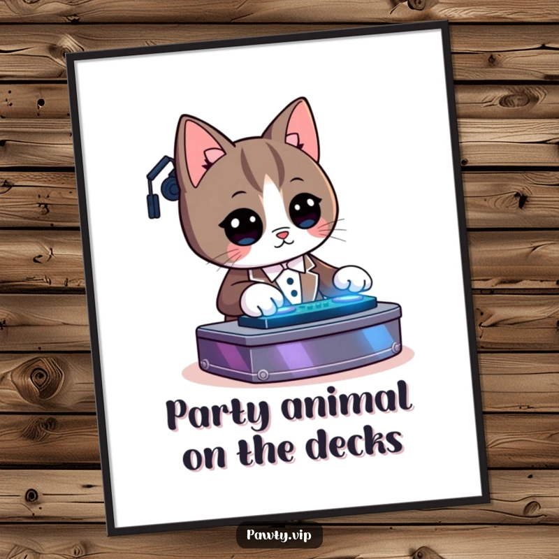 Funny Free Printable Wall Art: Kawaii tuxedo cat DJing with glowing lights, a vibrant and humorous music-themed piece.