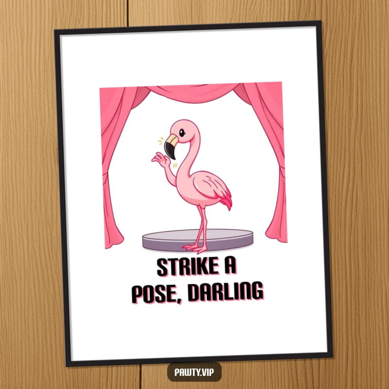 Funny Free Printable Wall Art: Kawaii flamingo striking a dramatic, hilarious pose on a small stage, a statement piece.