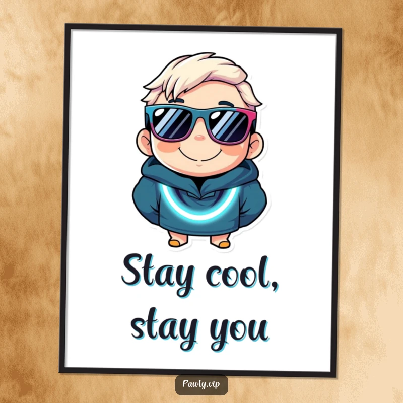 Funny Free Printable Wall Art of a smiling character in oversized sunglasses and a flashing neon necklace, radiating party vibes.