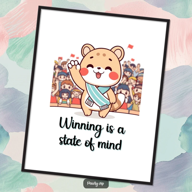 Funny Free Printable Wall Art: A cute animal wearing a miniature sash waves enthusiastically at a cheering crowd, radiating joy.