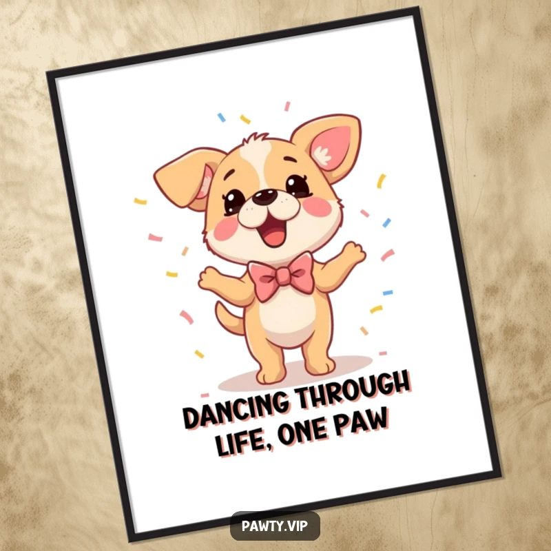 Funny Free Printable Wall Art: A dog in a bowtie dances energetically amidst a shower of confetti, perfect for a festive atmosphere.
