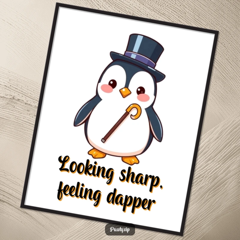Funny free printable wall art of a stylish penguin character wearing a tiny top hat and holding a cane, looking quite distinguished.