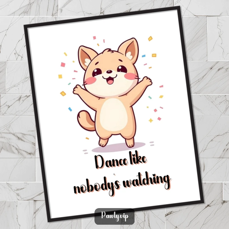 Funny Free Printable Wall Art of a kawaii animal having a wild dance party with confetti falling everywhere.