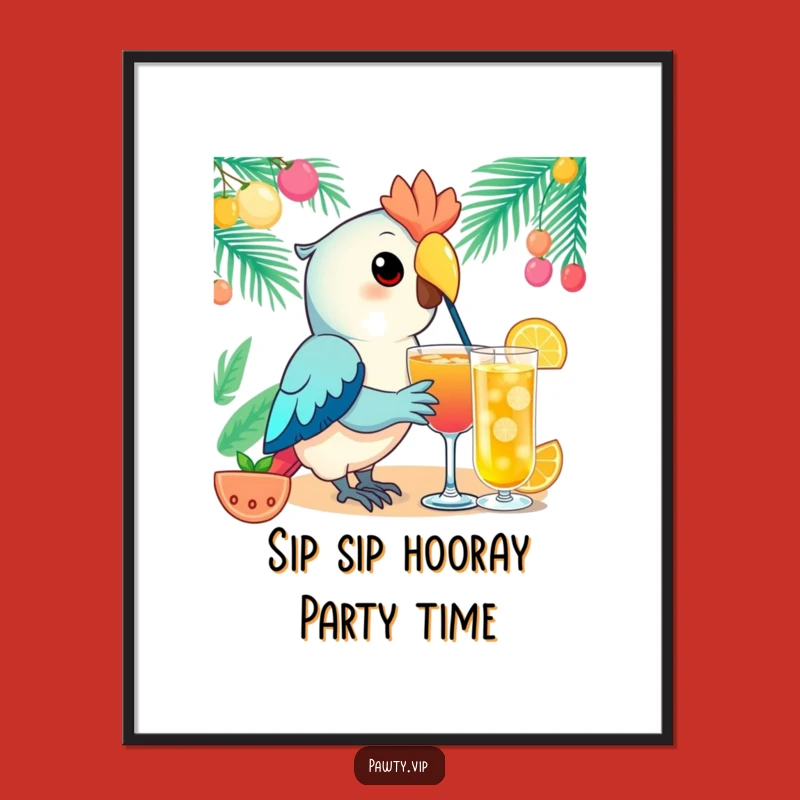 Funny Free Printable Wall Art: Kawaii Parrot Sipping, Whimsical Downloadable Art Gift