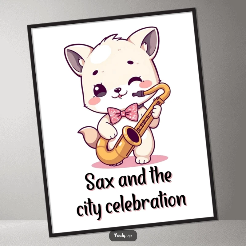 Funny Free Printable Wall Art of a kawaii animal wearing a sparkly bowtie and playing a saxophone with flair.