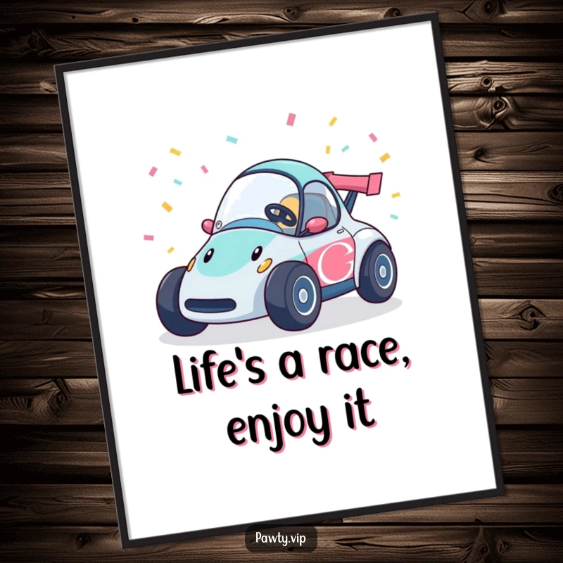 Funny Free Printable Wall Art: A happy race car zooms with confetti streamers flying, adding energetic decor.