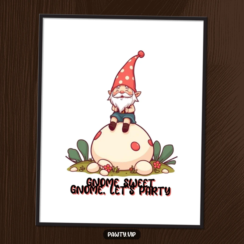 Funny Free Printable Wall Art: Cheerful gnome wearing a party hat riding a giant mushroom, bringing whimsical fun to your walls.