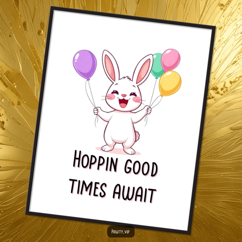 Funny Free Printable Wall Art: A Kawaii rabbit happily juggling a bunch of colorful balloons.