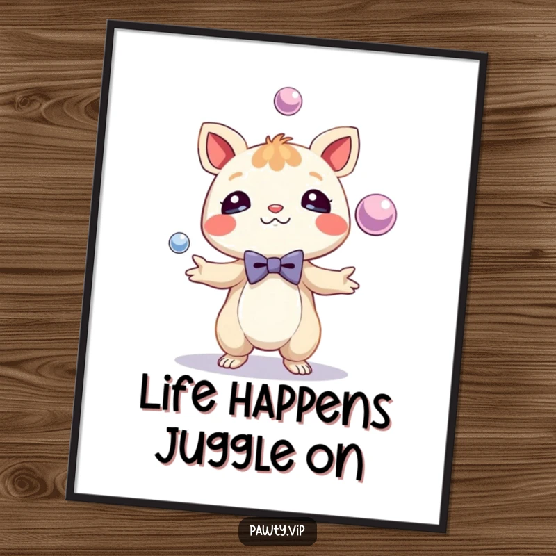 Funny Free Printable Wall Art: A dapper creature in a tiny bow tie skillfully juggling shiny spheres, adding fun to any room.