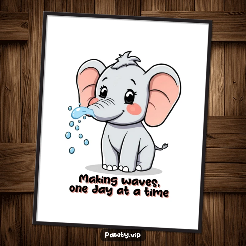 Funny Free Printable Wall Art: A cheerful elephant sprays sparkling water from its trunk, creating a dynamic and joyful scene.