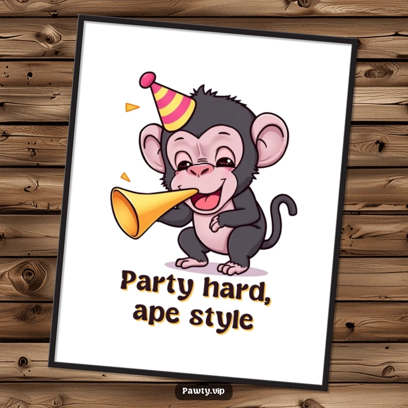 Funny Free Printable Wall Art: Kawaii chimpanzee blowing a party horn with infectious, hilarious exuberance and joy.