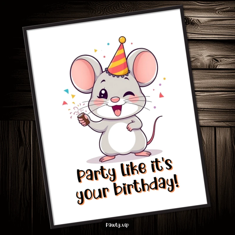 Funny Free Printable Wall Art of a cheerful mouse with a party popper exploding confetti, bringing festive energy and fun.
