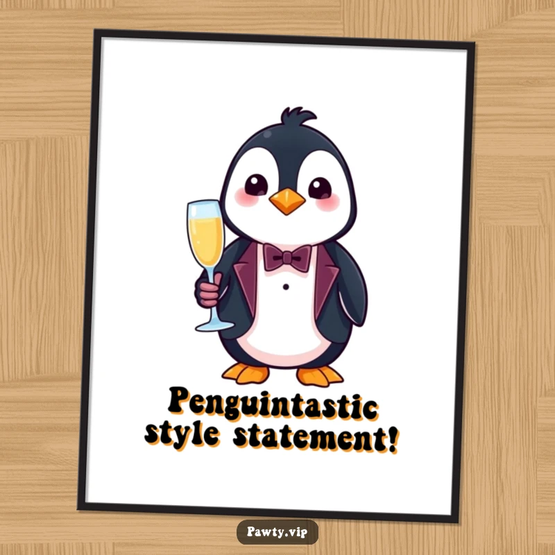 Funny Free Printable Wall Art of a penguin dressed in a tiny tuxedo, holding a champagne flute, exuding sophisticated humor.