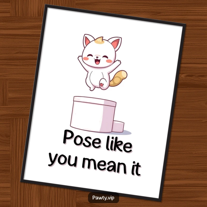 Funny Free Printable Wall Art depicting a kawaii animal in mid-leap onto a podium, striking a proud, winning pose.