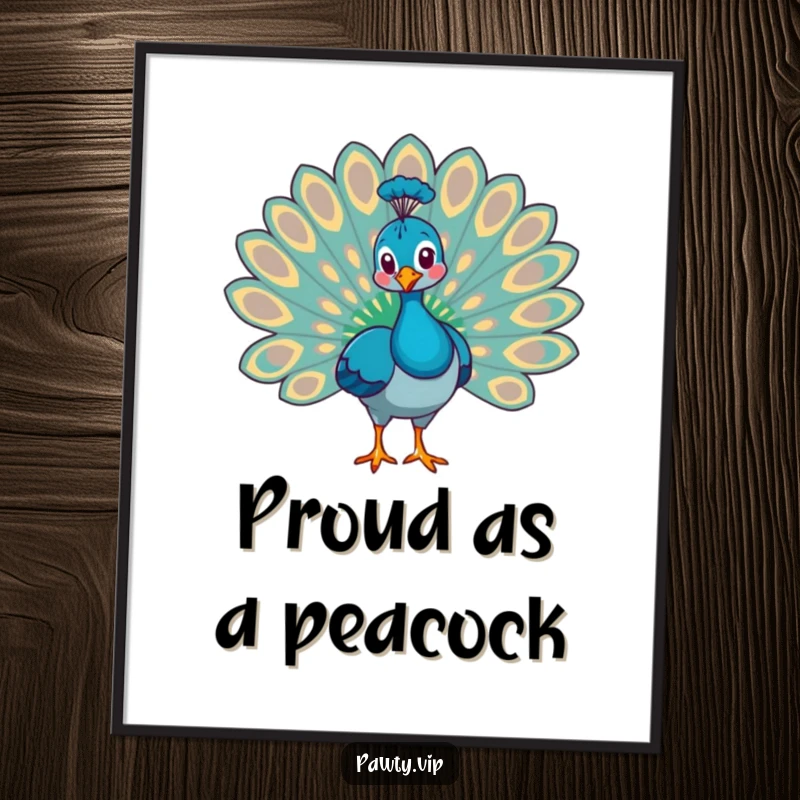 Funny free printable wall art of a proud peacock animal character majestically fanning out its elaborate tail feathers.
