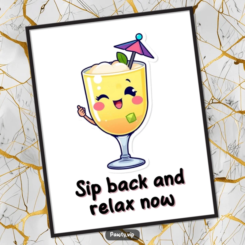 Funny Free Printable Wall Art of a happy cocktail drink character with a tiny umbrella, winking, perfect for a festive atmosphere.