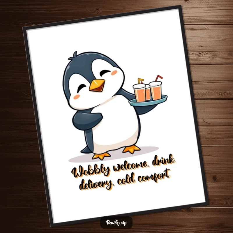 Funny Free Printable Wall Art: A flustered penguin trips slightly, tray of tiny drinks wobbling.