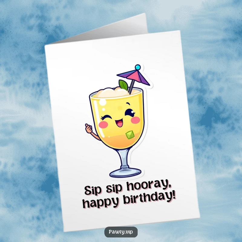 Funny Free Printable Birthday Card featuring a happy cocktail character with a tiny umbrella, winking and ready to celebrate.