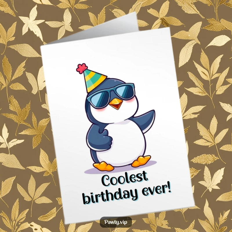 Funny Free Printable Birthday Card: A kawaii penguin rocks a party hat and shades, giving a cool thumbs up for birthday fun.
