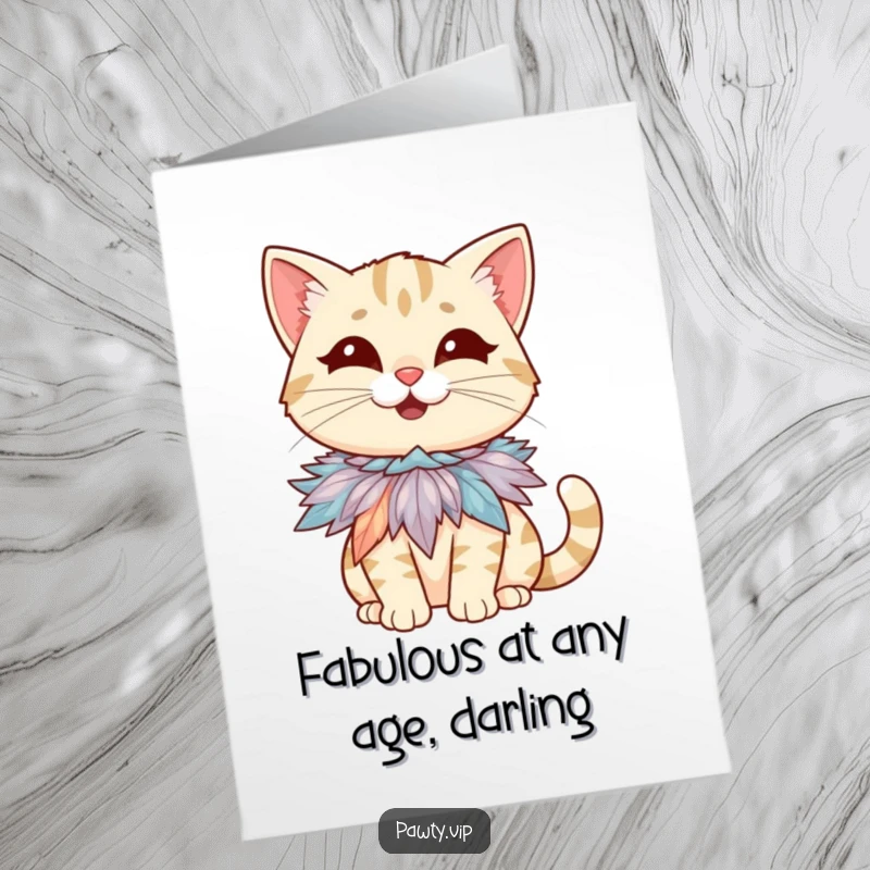 Funny free printable birthday card of a giggling cat wearing a flamboyant feather boa, radiating pure joy.