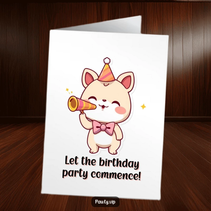 Funny Free Printable Birthday Card: Playful creature in a bowtie blowing a party horn with great enthusiasm for a birthday.