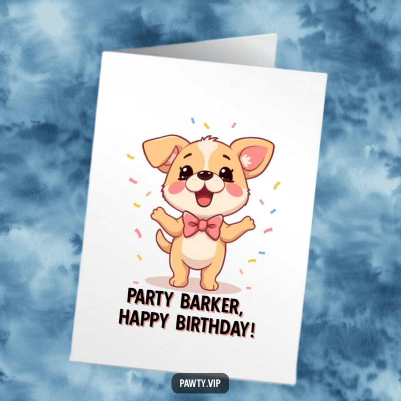 Funny Free Printable Birthday Card: A dog in a bowtie dances joyfully amidst confetti, celebrating a happy birthday.
