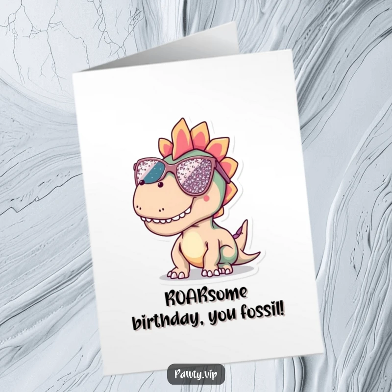 Funny Free Printable Birthday Card: A dinosaur rocks oversized sequined sunglasses, bringing cool birthday vibes.