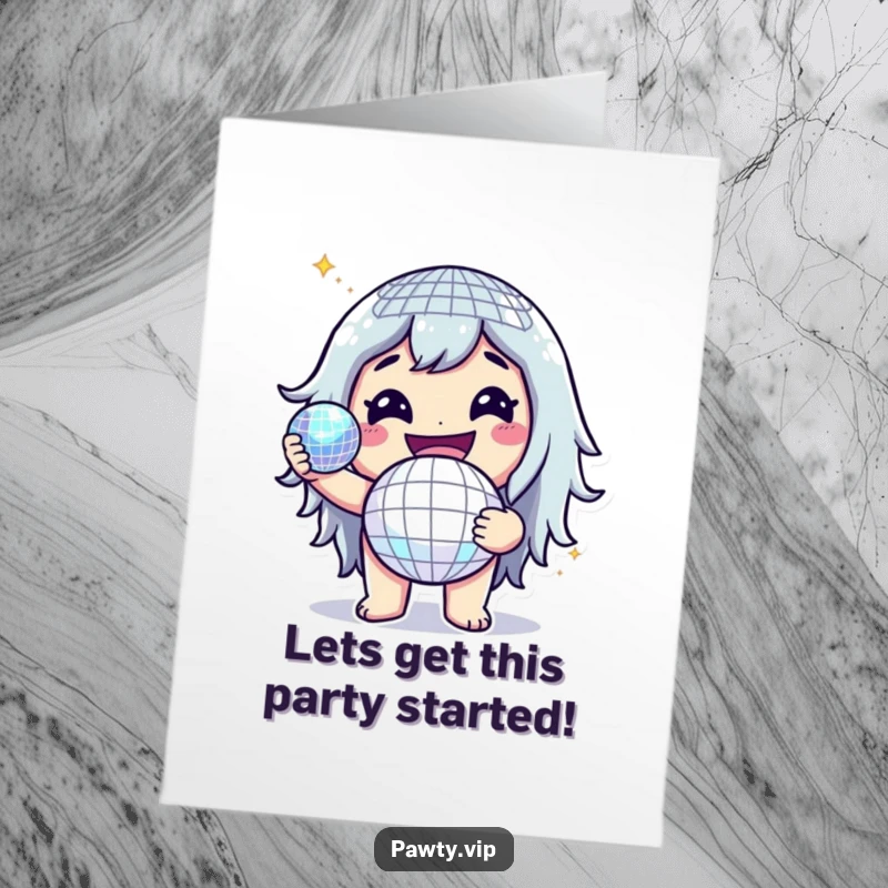 Funny Free Printable Birthday Card with a cheerful character grinning while holding a glittering disco ball.