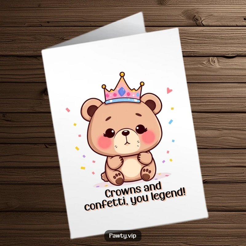 Funny Free Printable Birthday Card: Cute bear in sparkly crown blows confetti, spreading birthday cheer. A hilarious downloadable design.