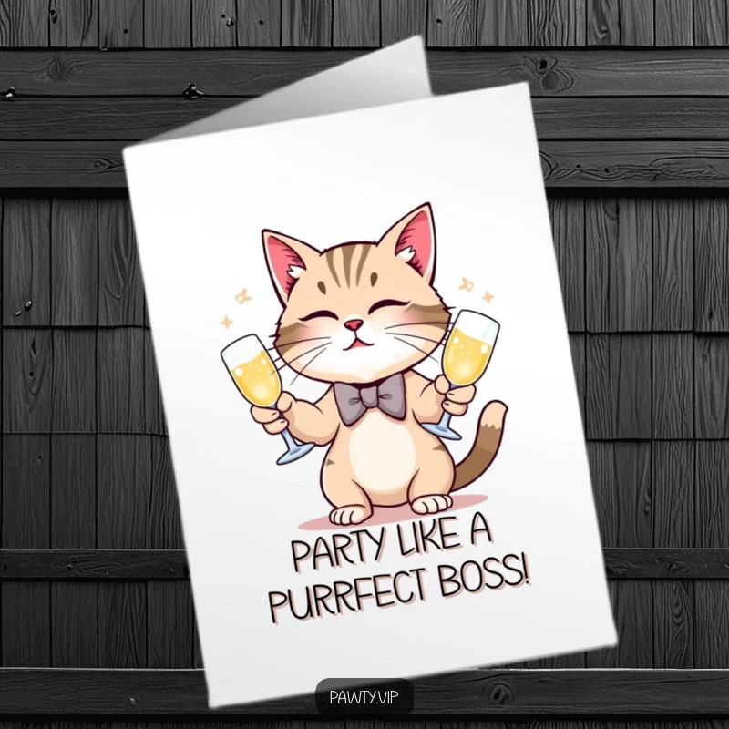 Funny Free Printable Birthday Card: Cat in bow tie juggles champagne, celebrating with flair. A sophisticated downloadable design.