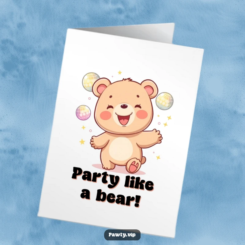 Funny Free Printable Birthday Card: A kawaii bear with a huge grin, expertly juggling shiny disco balls, ready to party.